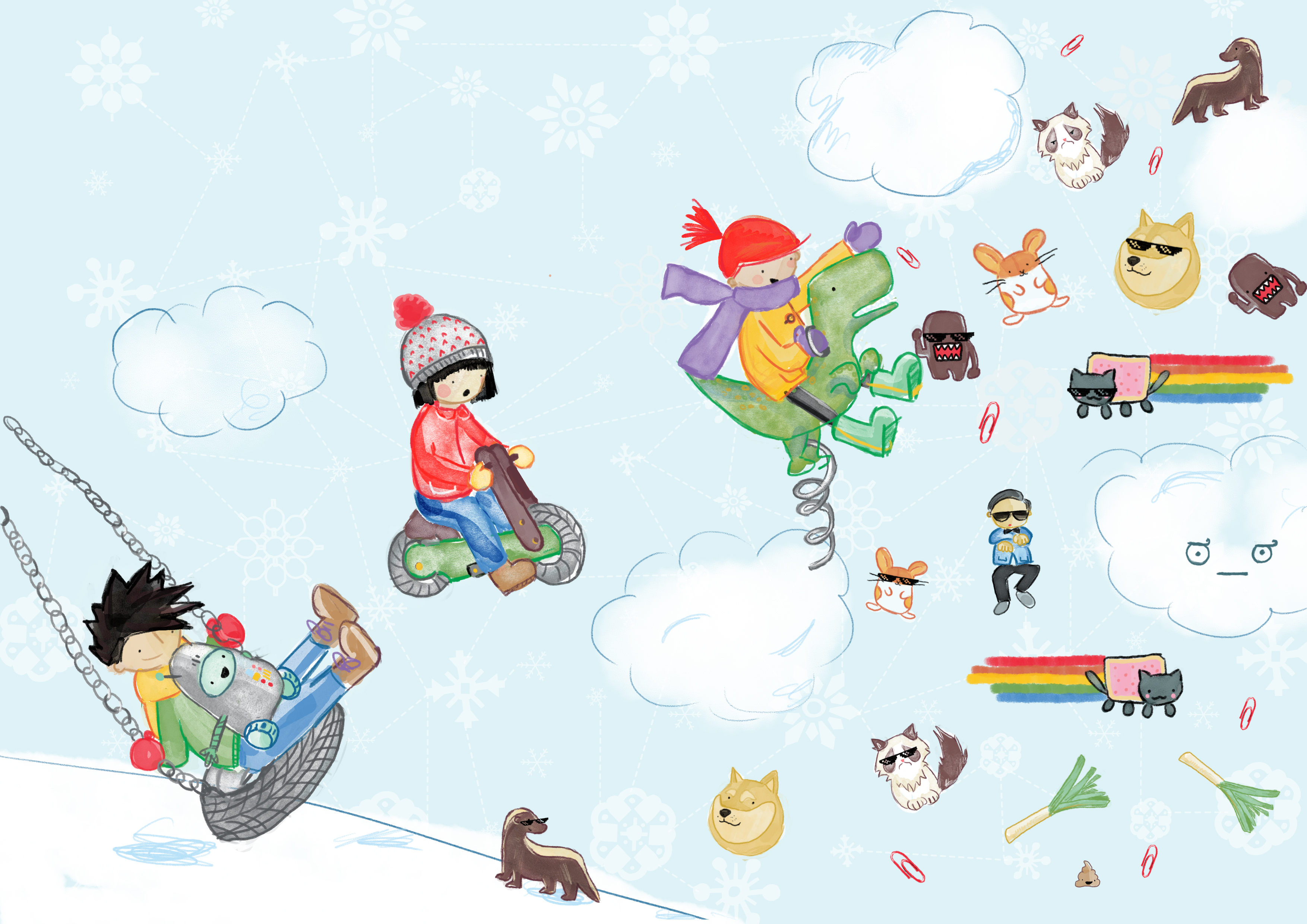 Ruby and friends surfing the internet — a whimsical watercolor spread with memes, clouds, and internet culture